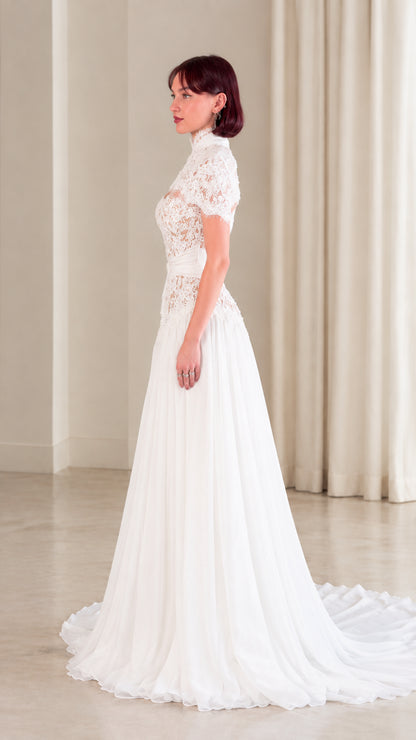White high neck lace formal gown side view with train