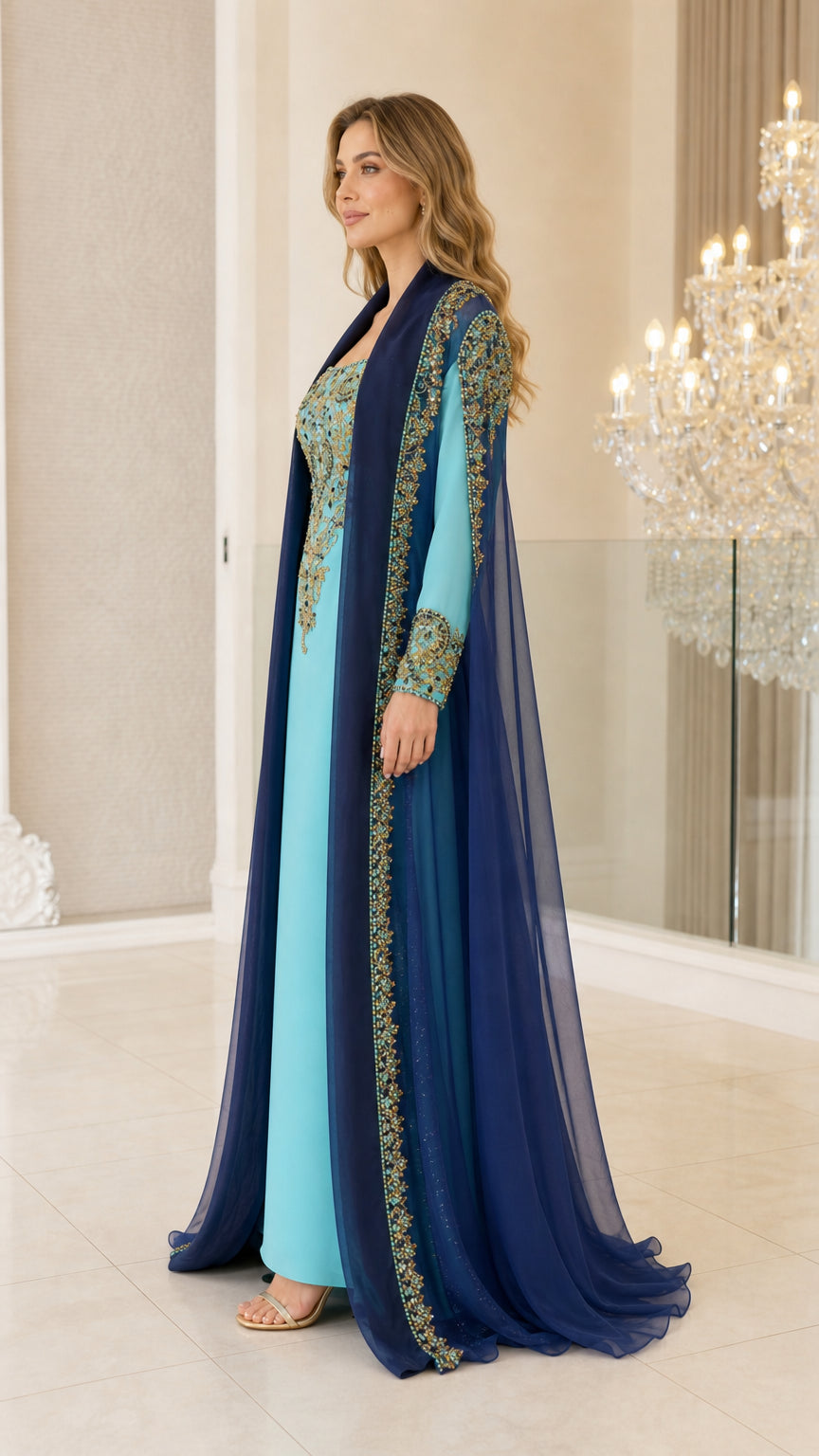 Three-quarter side angle of Sky Blue formal cape dress showing sweeping chiffon fabric