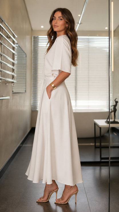 Side view of white flowing midi maxi dress with self-tie waist and relaxed sleeves