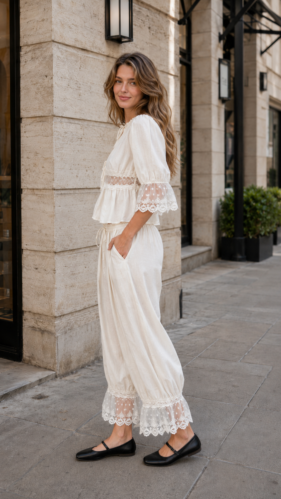 Cream lace trim peplum blouse and matching pants side view