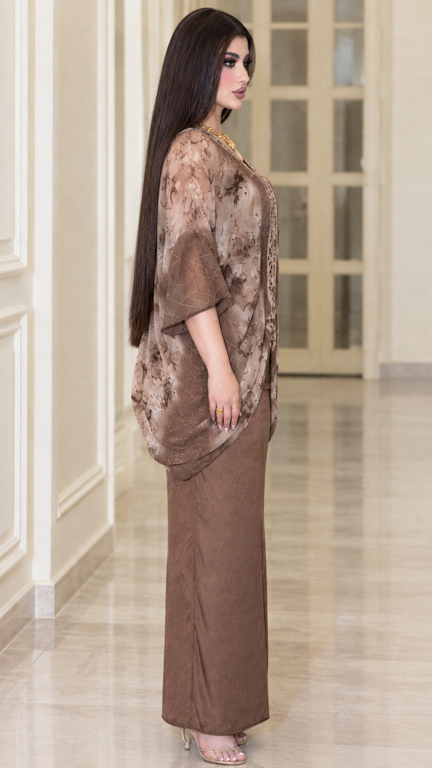 Side view of mocha brown 2-piece chiffon kaftan dress set showing drape and fit