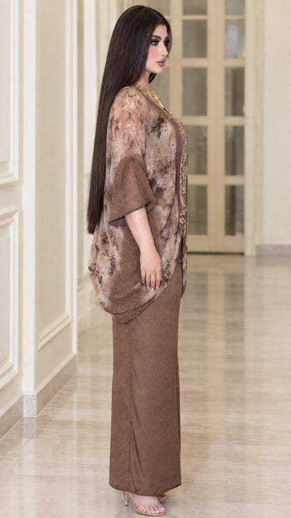 Side view of mocha brown 2-piece chiffon kaftan dress set showing drape and fit
