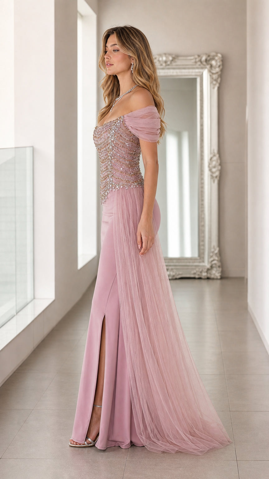 Dusty Rose embellished formal maxi dress side view showing leg slit
