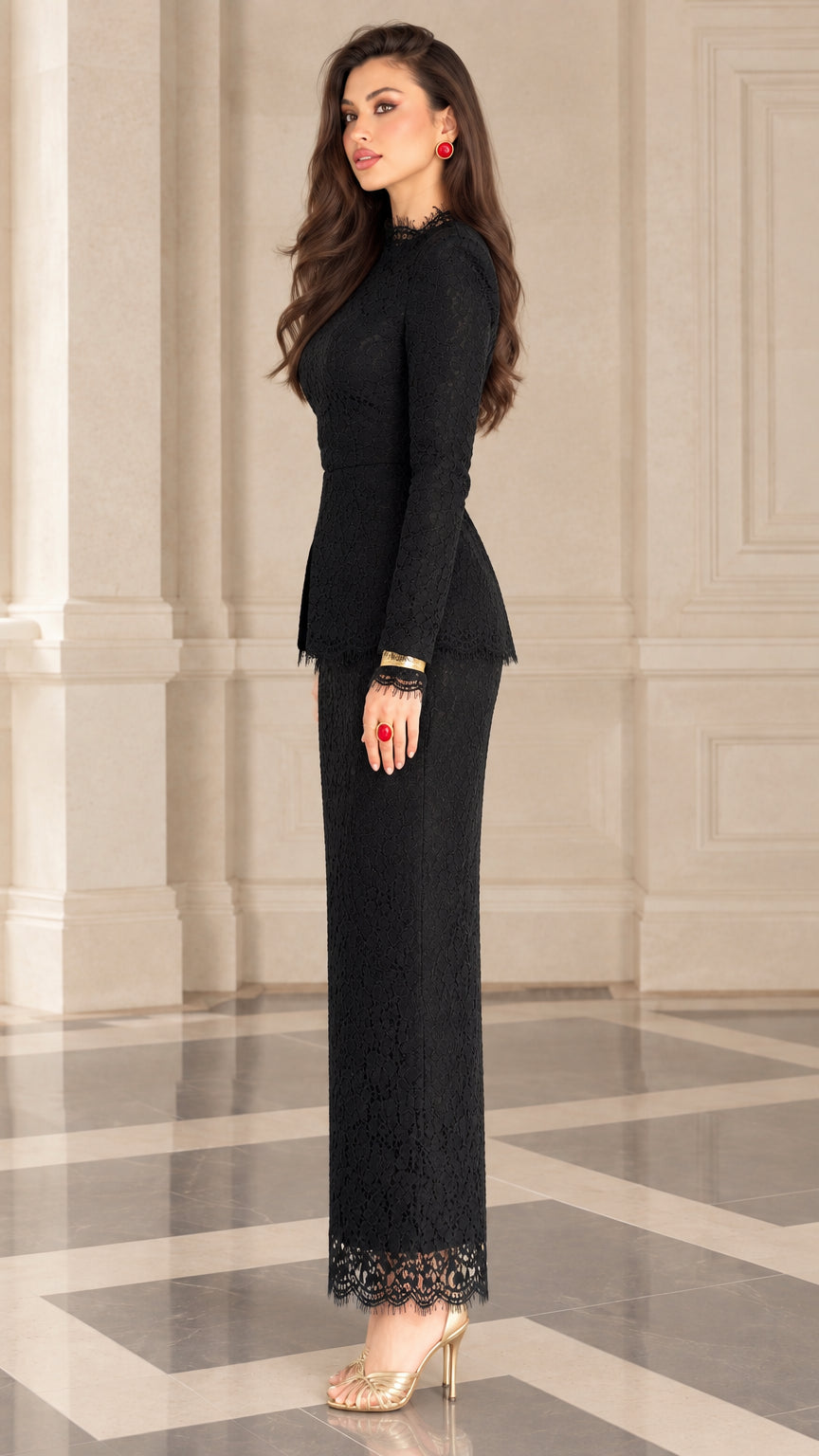 Side profile view of elegant black long sleeve lace two-piece evening set