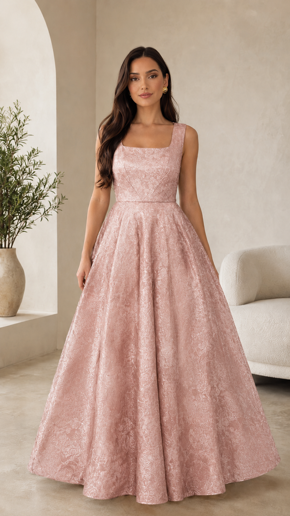 Blush pink square neck sleeveless jacquard ball gown maxi dress front view