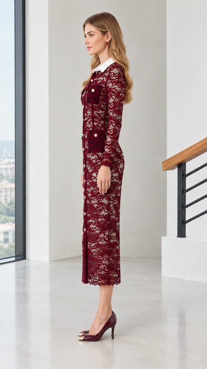 Side profile of burgundy lace midi shirt dress showing sleek column fit