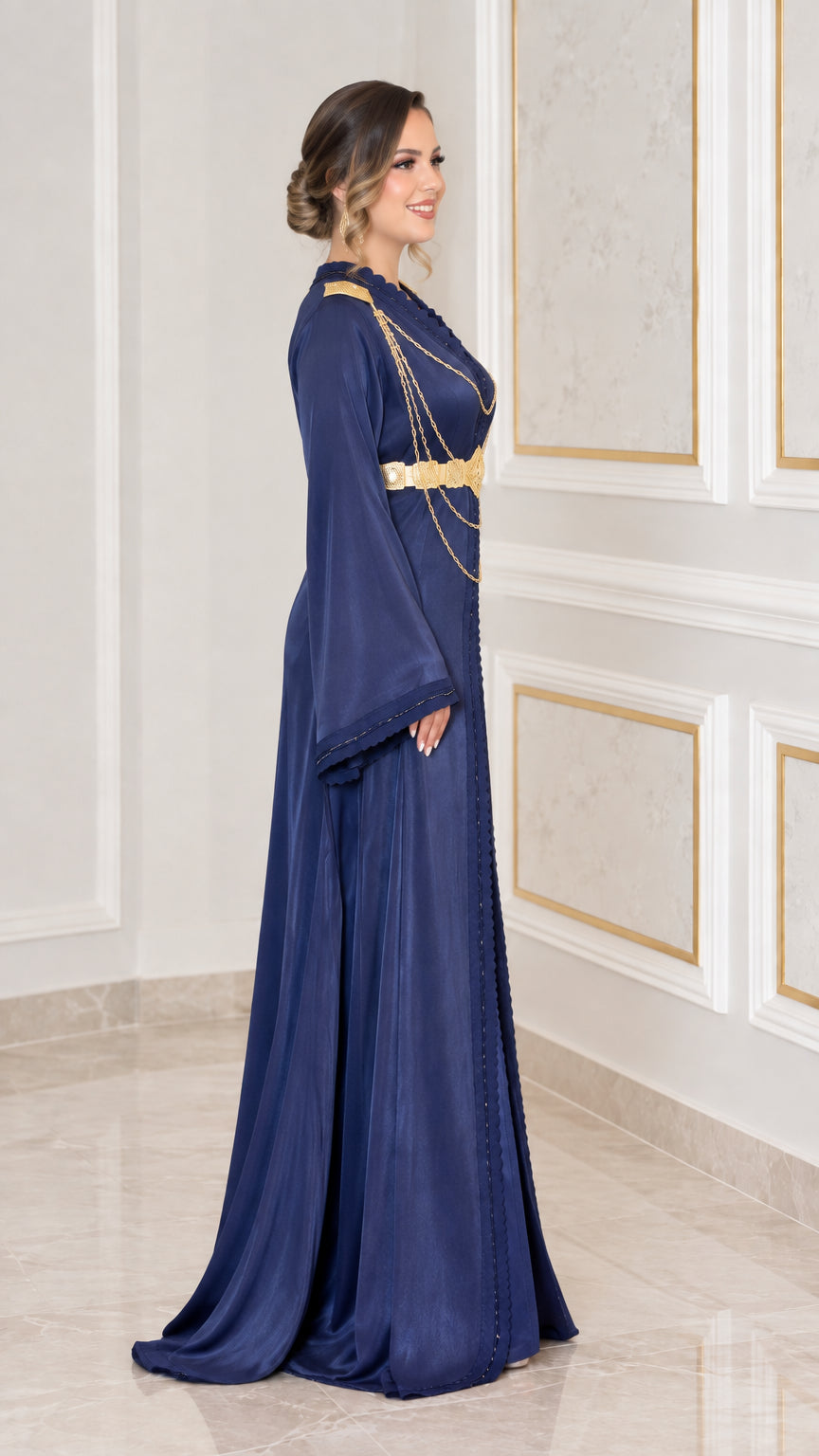 Side profile view of navy blue satin evening kaftan gown
