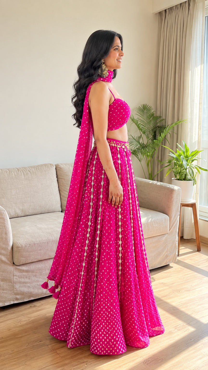 Side profile of hot pink printed lehenga choli with dupatta