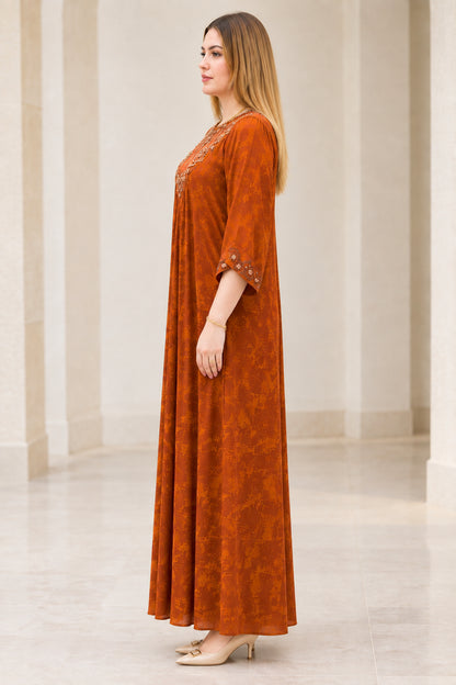 Side profile view of Rust Orange flowing modest maxi dress