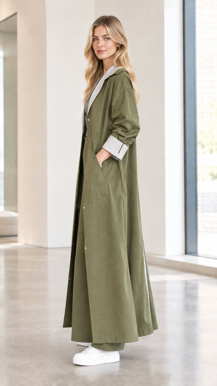 Side profile view of women wearing olive green floor-length duster coat