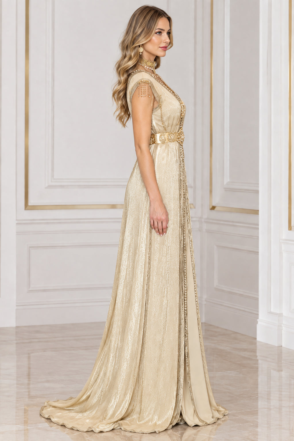 Champagne Gold Metallic Pleated Kaftan Gown side angle view