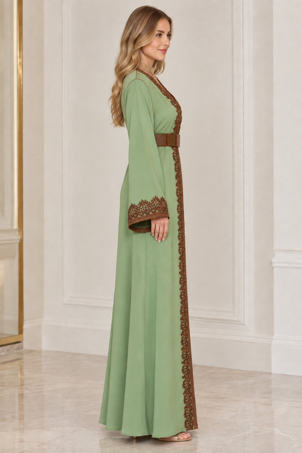 Sage green long sleeve belted caftan gown side view
