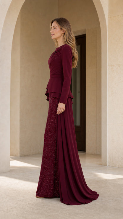 Burgundy elegant mother of the bride dress with side draped train - side view