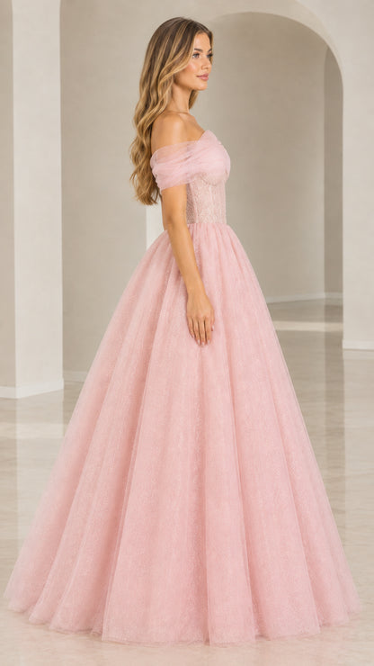 Side profile of model wearing Blush Pink shimmer tulle evening dress