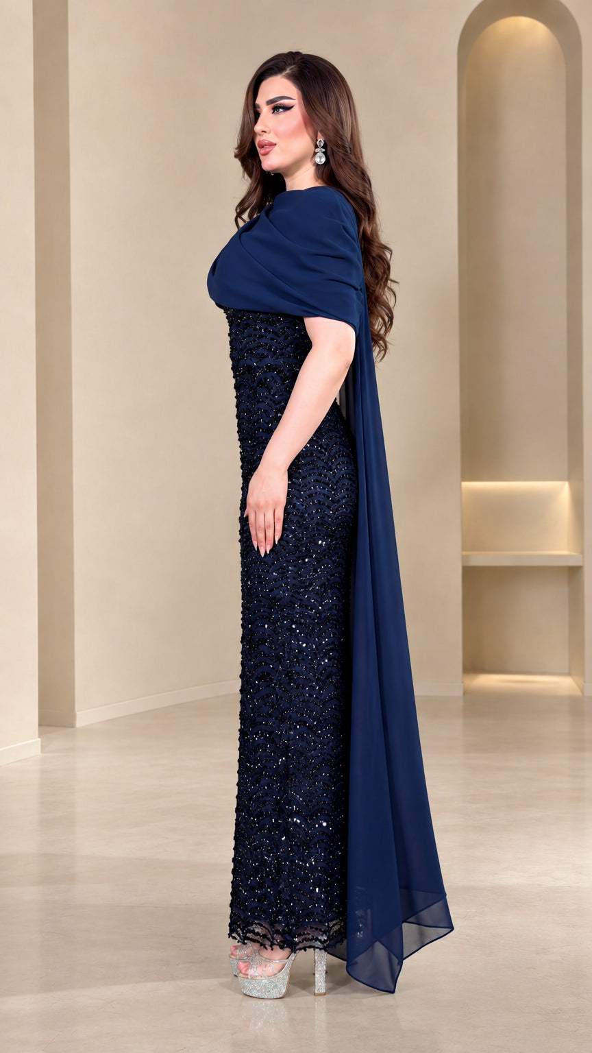Navy Blue sequin maxi formal dress with side drape profile view