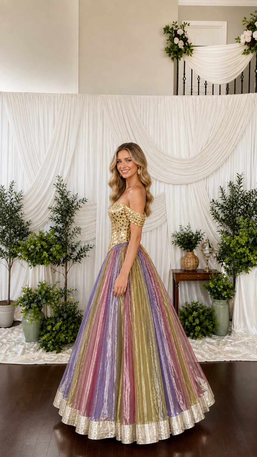 Side angle of model showcasing voluminous striped multicolor skirt and fitted mirror bodice