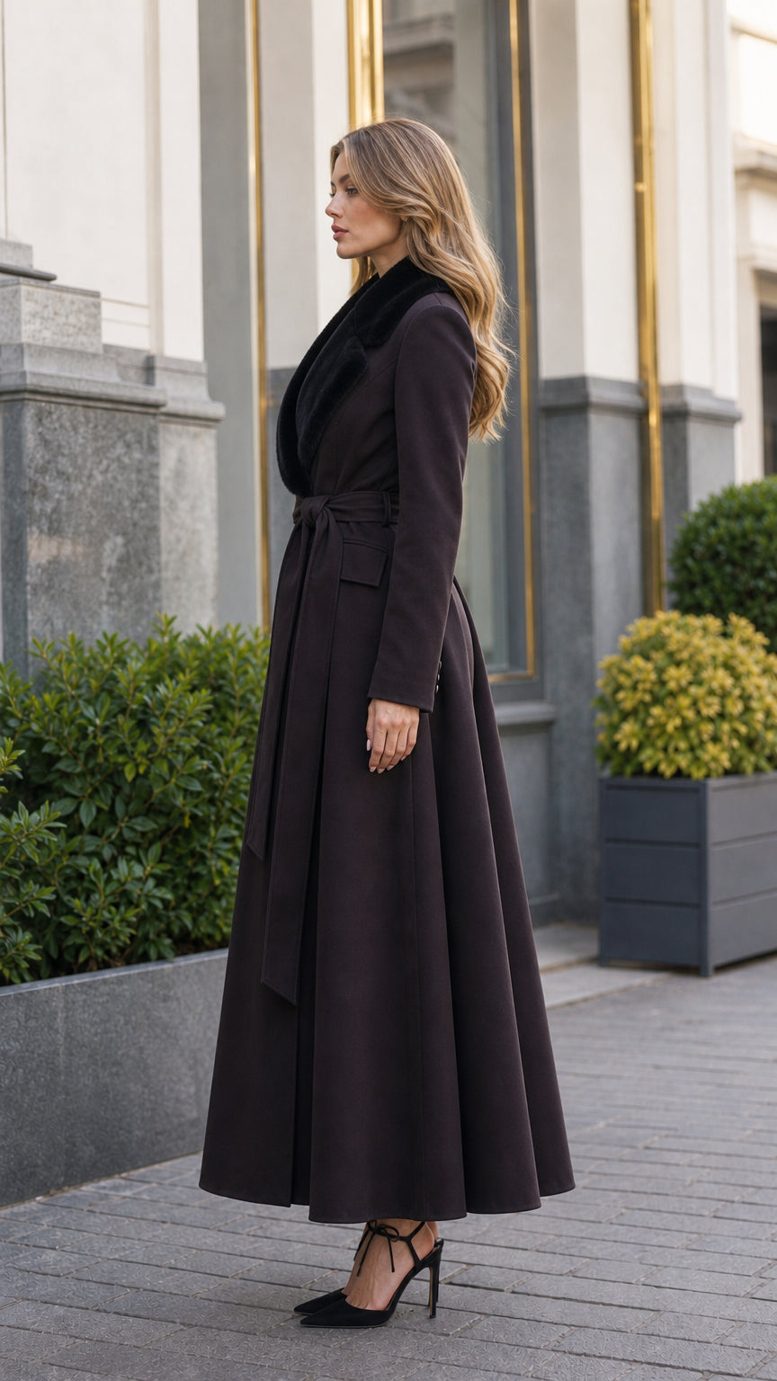 Side profile view of elegant dark brown fit and flare longline maxi coat