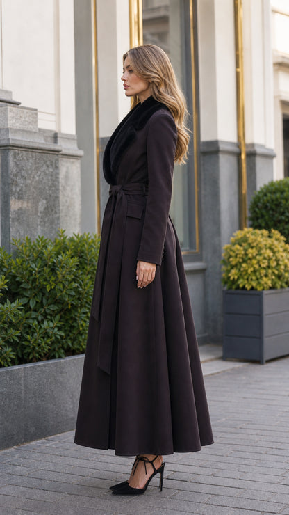 Side profile view of elegant dark brown fit and flare longline maxi coat