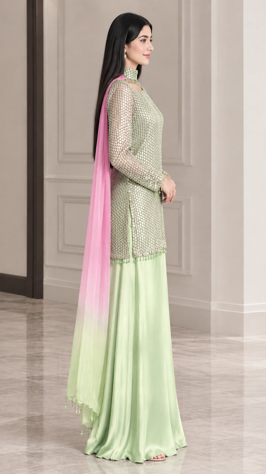 Side profile view of mint green embellished sharara set with flowing wide legs