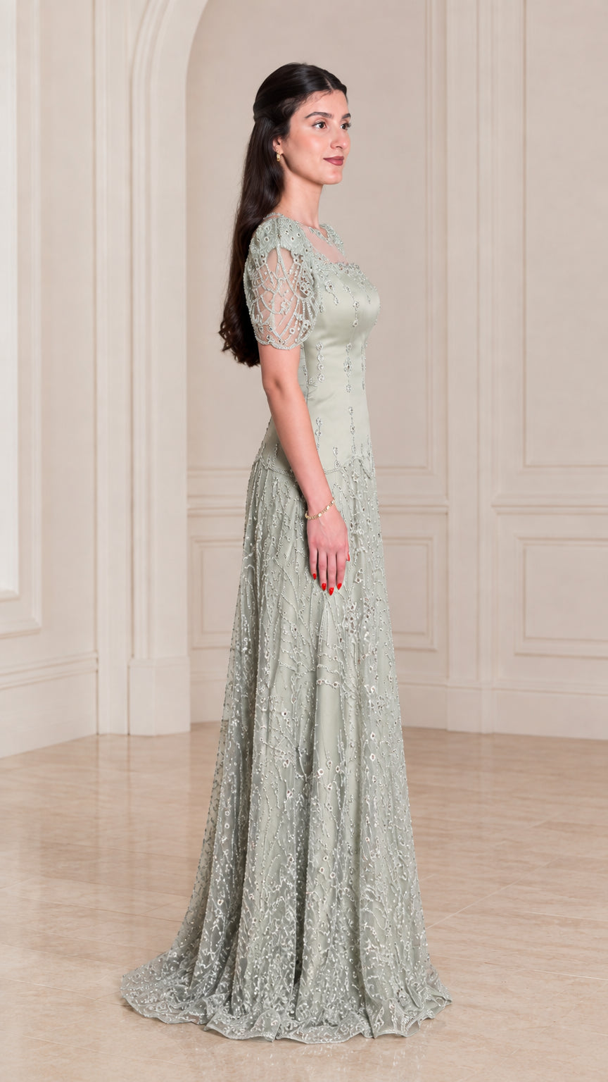 Side profile of Sage Green floor-length formal dress showing silhouette
