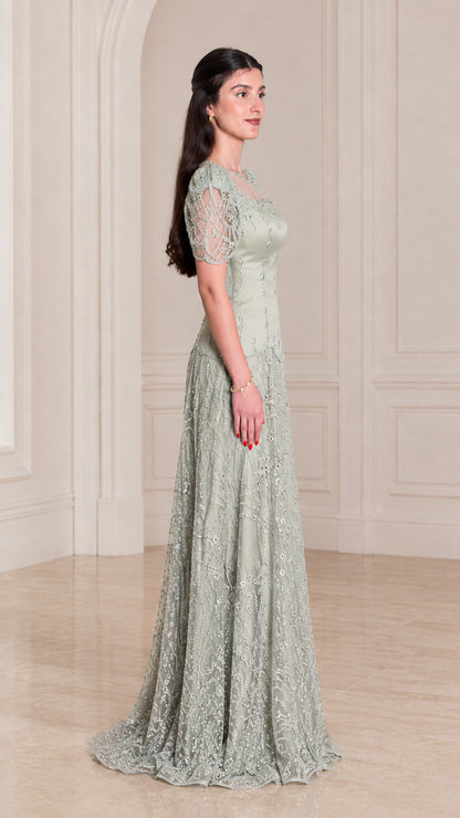 Side profile of Sage Green floor-length formal dress showing silhouette