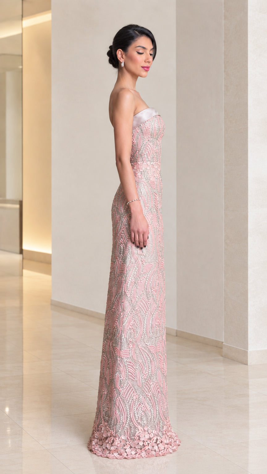 Blush pink strapless formal evening dress side view