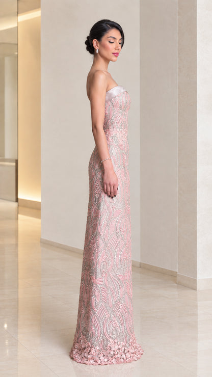Blush pink strapless formal evening dress side view