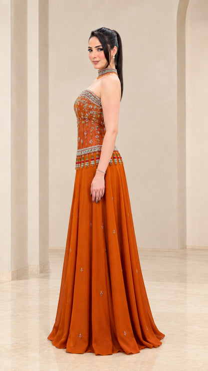 Rust orange formal evening dress with cape detail - side profile view