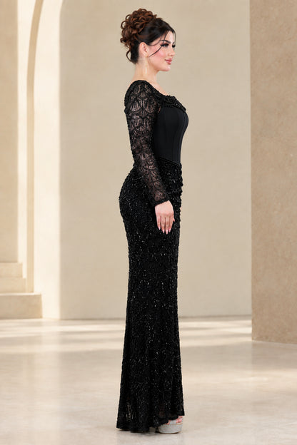 Side profile view of black beaded floor-length formal gown