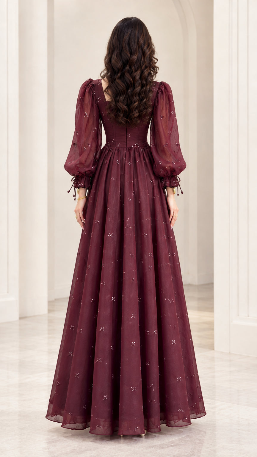 Back view of Wine Red floor-length chiffon evening gown