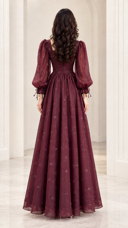 Back view of Wine Red floor-length chiffon evening gown
