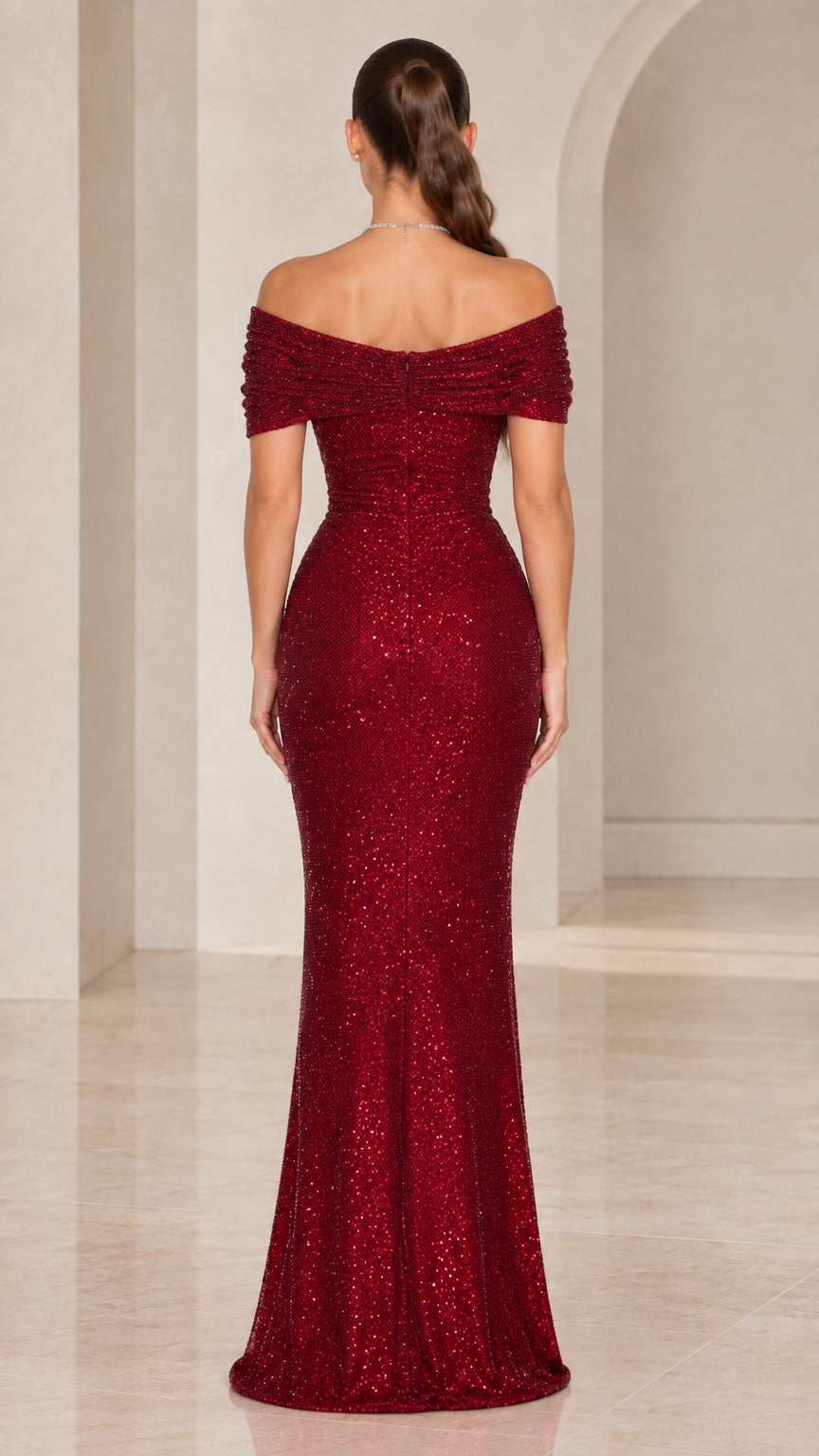 Back view of floor-length burgundy off-the-shoulder sequined evening dress