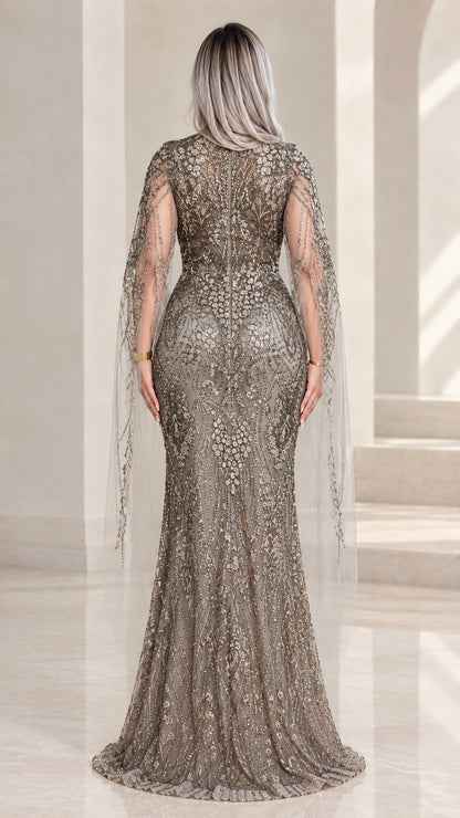 Back view of fitted grey embellished formal gown with back zipper