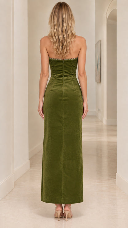 Back view of strapless olive green velvet maxi evening dress