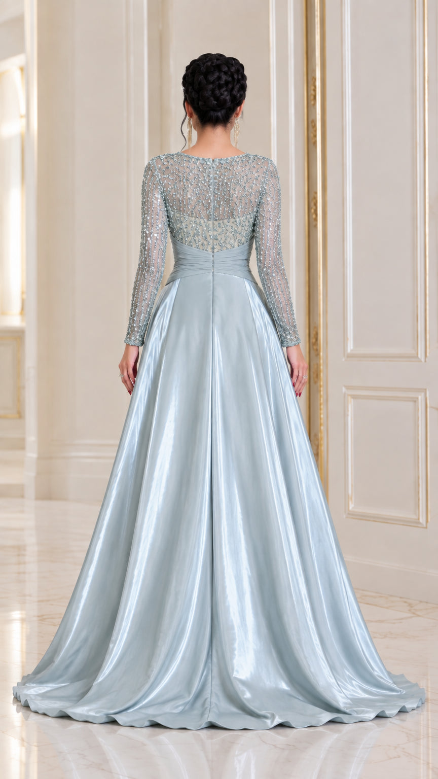Back view of ice blue evening gown showing long sleeves and satin train