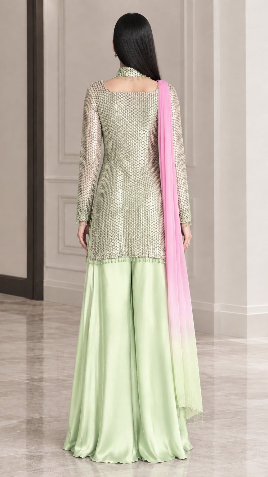 Back view of mint green long-sleeve sequined kurti and floor-length sharara pants