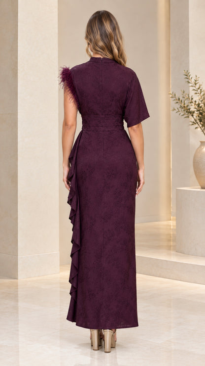 Back view of zip closure and straight sheath maxi silhouette in plum