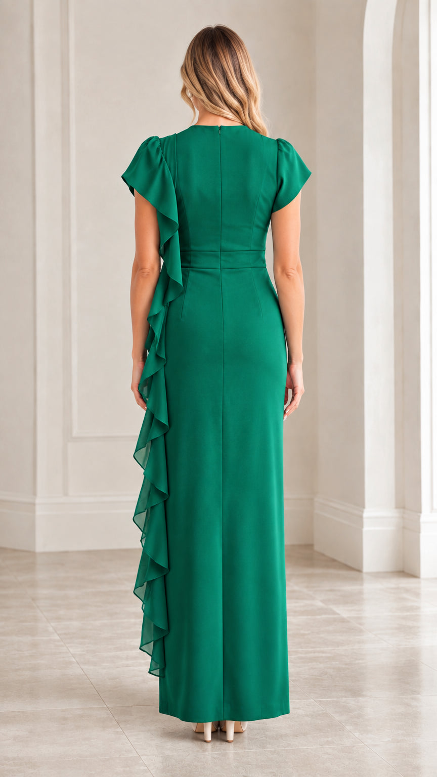 Back view of emerald green maxi dress showing tailored fit and hidden back zipper