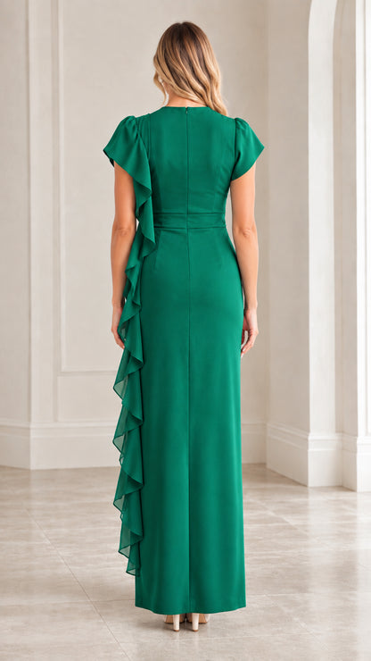 Back view of emerald green maxi dress showing tailored fit and hidden back zipper