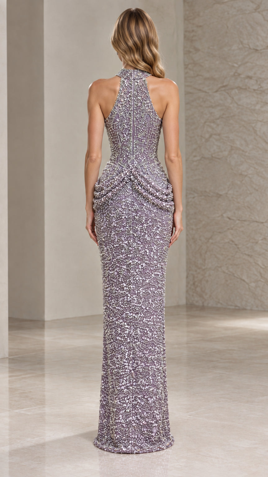 Back view of dusty lilac sequin formal gown showing racer halter cut and zipper
