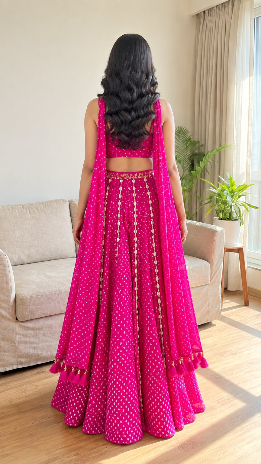Back view of hot pink bandhani print flared maxi lehenga skirt and crop top