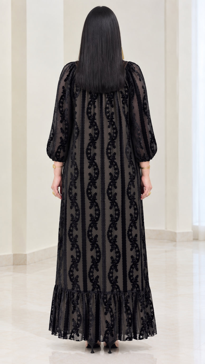 Back view of black flocked velvet modest maxi dress