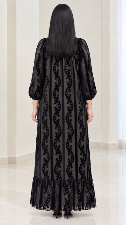 Back view of black flocked velvet modest maxi dress