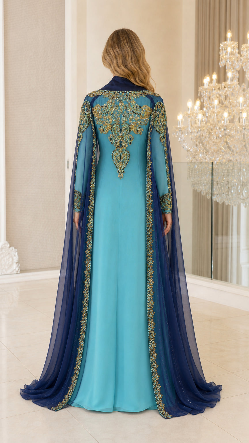 Back view of Sky Blue gown showcasing ornate gold and crystal back embroidery