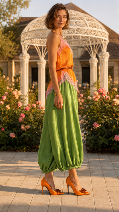 Orange and green lace trim cami jumpsuit side view with balloon leg silhouette