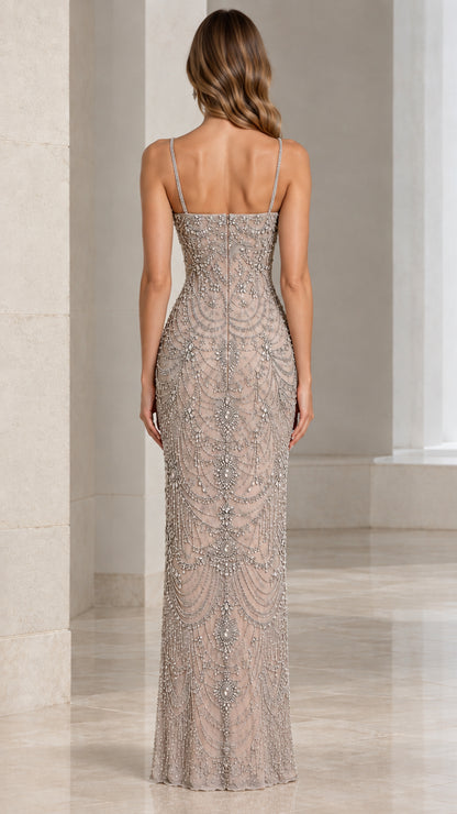 Back view of champagne embellished evening gown with square backline