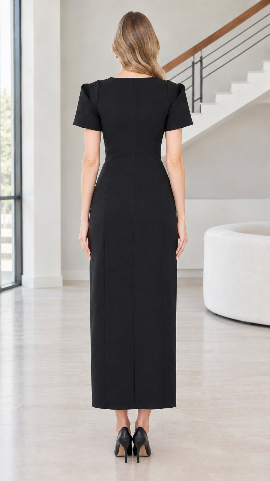 Back view of woman wearing Black maxi dress with invisible zipper closure