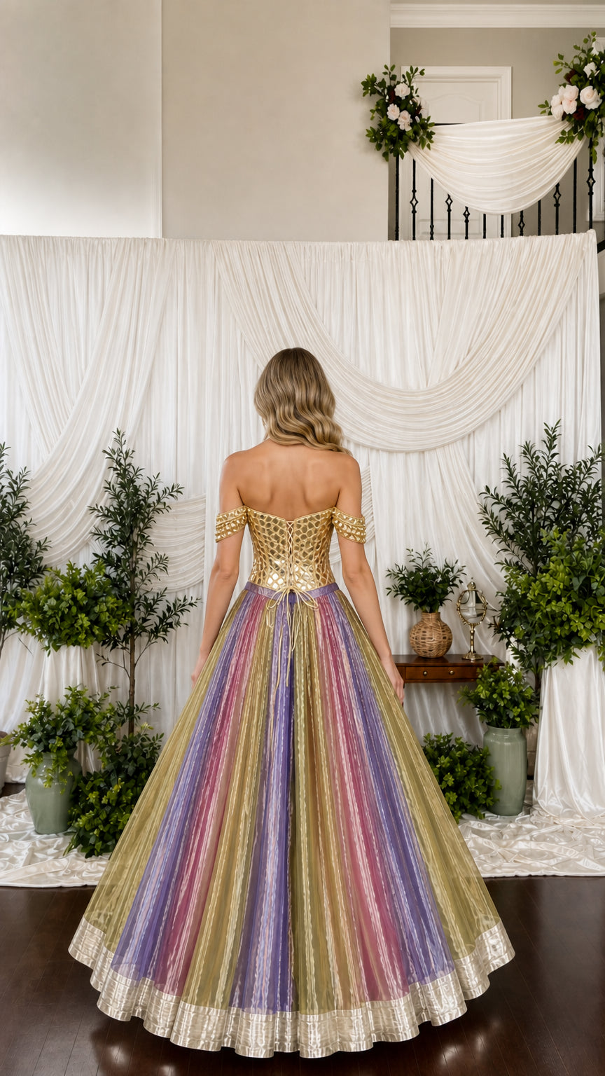 Back view of off-the-shoulder multicolor ball gown with pleated skirt and metallic hem detail