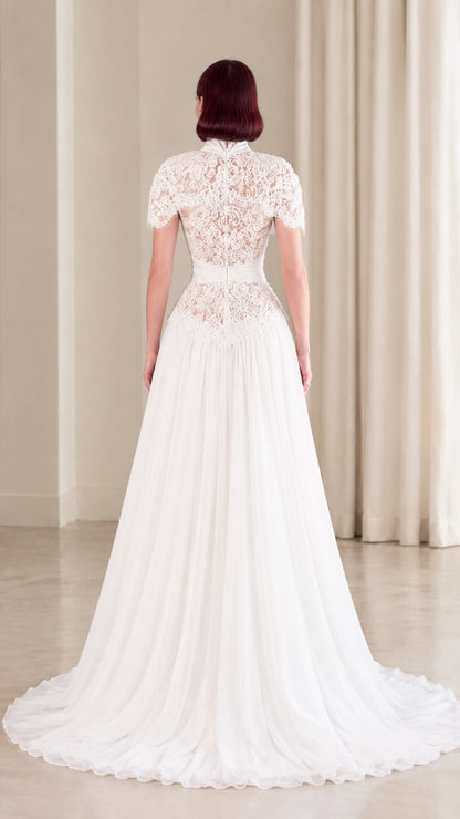 Back view of white lace high collar chiffon maxi gown