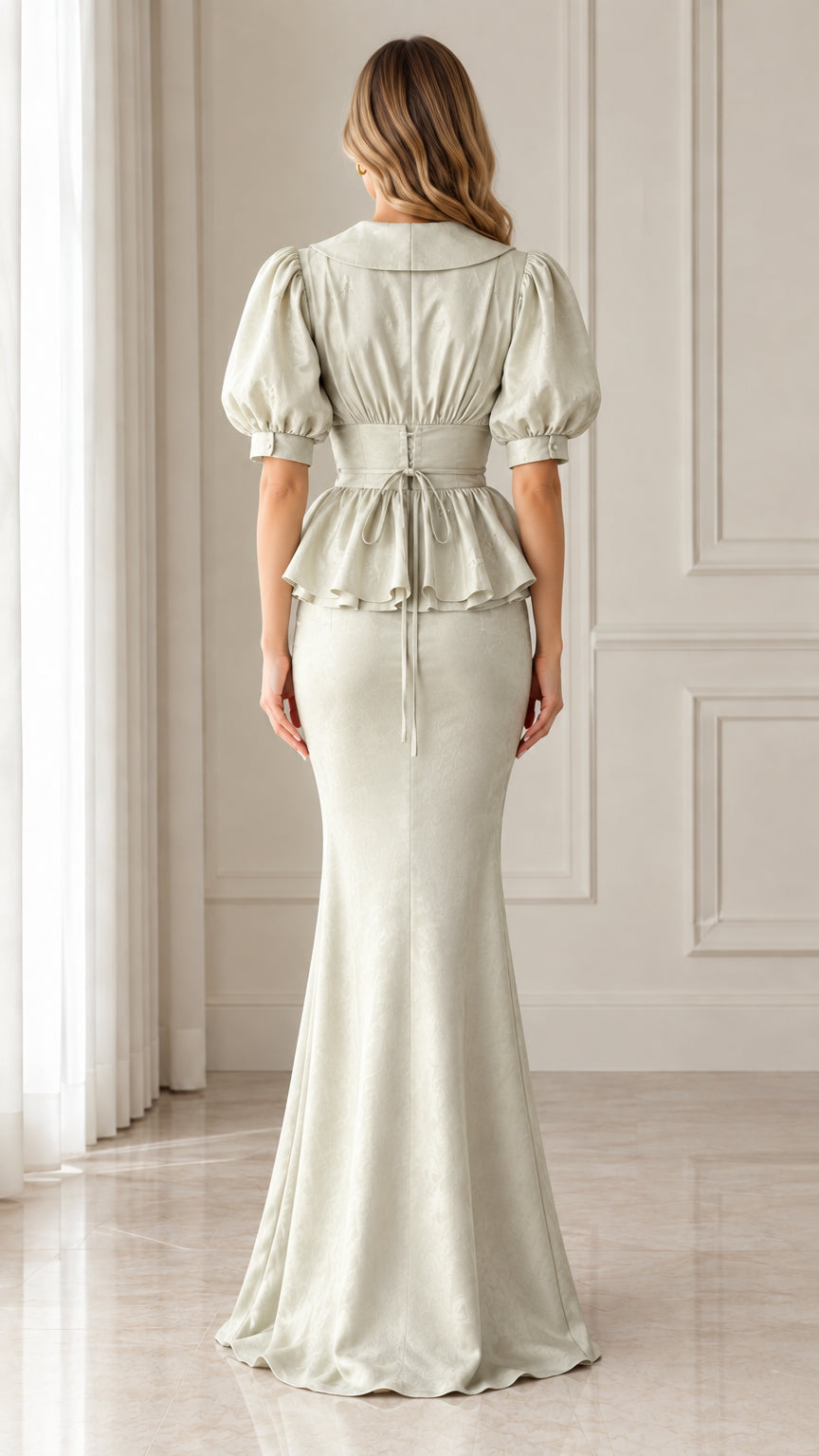 Back view of sage green mermaid maxi dress with waist tie detail
